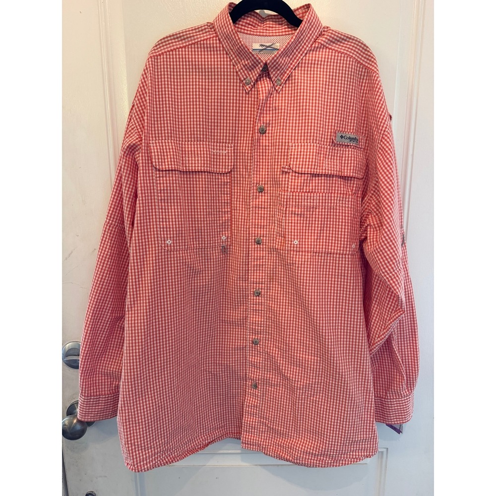 Columbia PFG Mens Long Sleeve Fishing Shirt Large Red White Gingham Omni-Shade